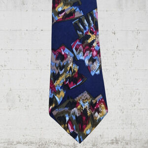 90s Vintage Navy Multicolor Geometric Italian Silk Cezani Neck Tie 3.75 x 62